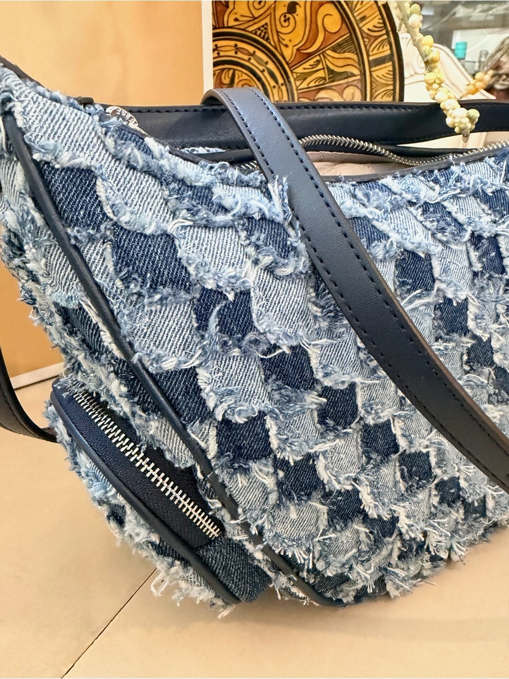 Michael Kors Frayed Denim Patchwork Shoulder Bag in Blue - Picture 10 of 16
